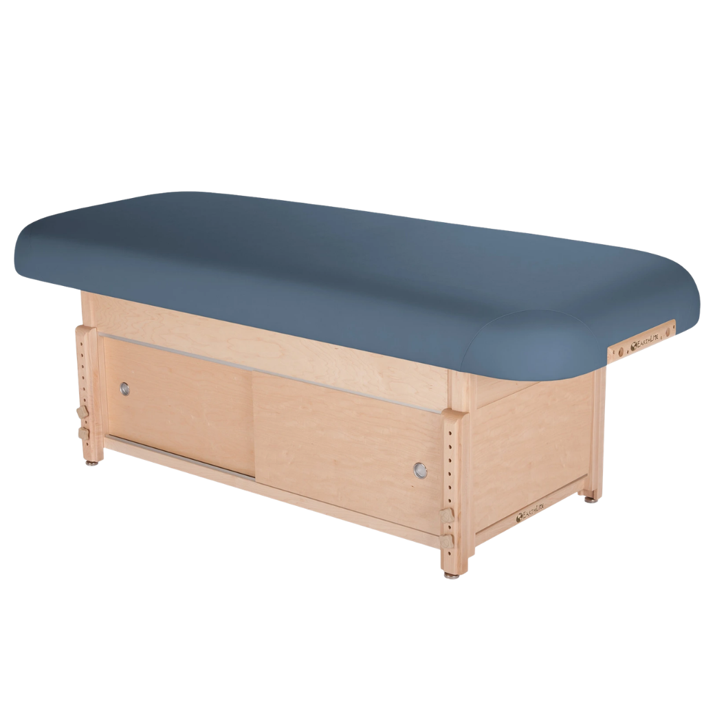 Earthlite Sedona Flat Top Spa & Massage Table with Mystic Blue upholstery and enclosed cabinet base for storage in med spa and medical wellness practices.