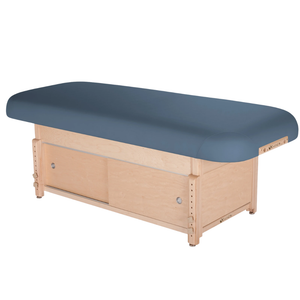 Earthlite Sedona Flat Top Spa & Massage Table with Mystic Blue upholstery and enclosed cabinet base for storage in med spa and medical wellness practices.