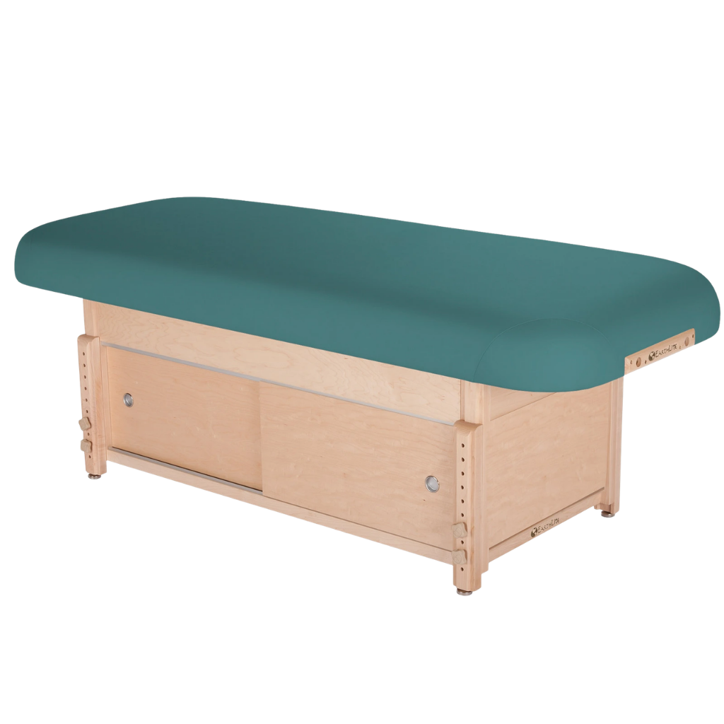 Earthlite Sedona Flat Top Spa & Massage Table with Teal upholstery and enclosed cabinet base for storage in med spa and medical wellness practices.