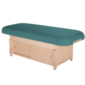Earthlite Sedona Flat Top Spa & Massage Table with Teal upholstery and enclosed cabinet base for storage in med spa and medical wellness practices.