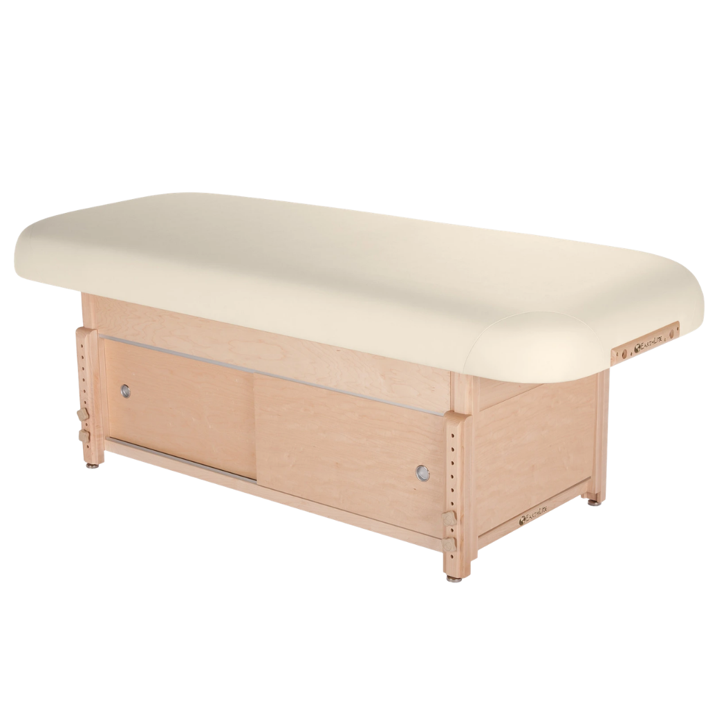 Earthlite Sedona Flat Top Spa & Massage Table with Vanilla Creme upholstery and enclosed cabinet base for storage in med spa and medical wellness practices.