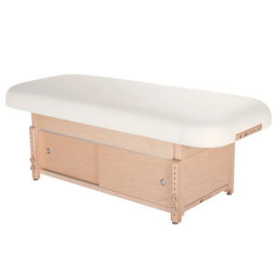 Earthlite Sedona Flat Top Spa & Massage Table with White upholstery and enclosed cabinet base for storage in med spa and medical wellness practices.