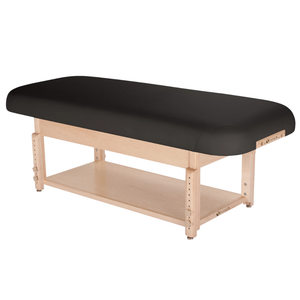 Earthlite Sedona Flat Top Spa & Massage Table with black upholstery and open shelf base for storage in med spa and medical wellness practices.