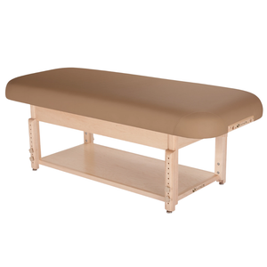 Earthlite Sedona Flat Top Spa & Massage Table with Latte upholstery and open shelf base for storage in med spa and medical wellness practices.
