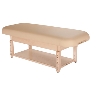 Earthlite Sedona Flat Top Spa & Massage Table with Marie's Beige upholstery and open shelf base for storage in med spa and medical wellness practices.