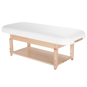 Earthlite Sedona Flat Top Spa & Massage Table with Pure White upholstery and open shelf base for storage in med spa and medical wellness practices.