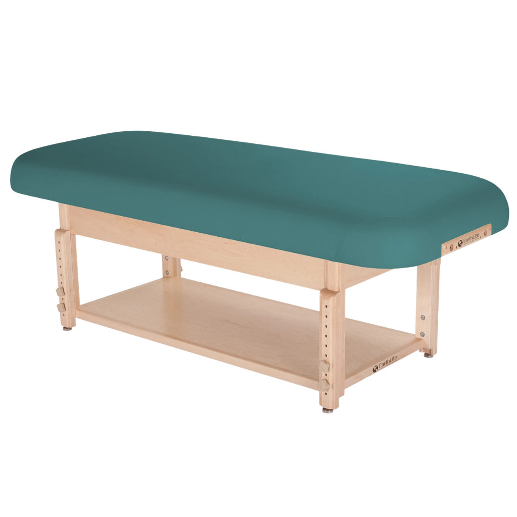 Earthlite Sedona Flat Top Spa & Massage Table with Teal upholstery and open shelf base for storage in med spa and medical wellness practices.
