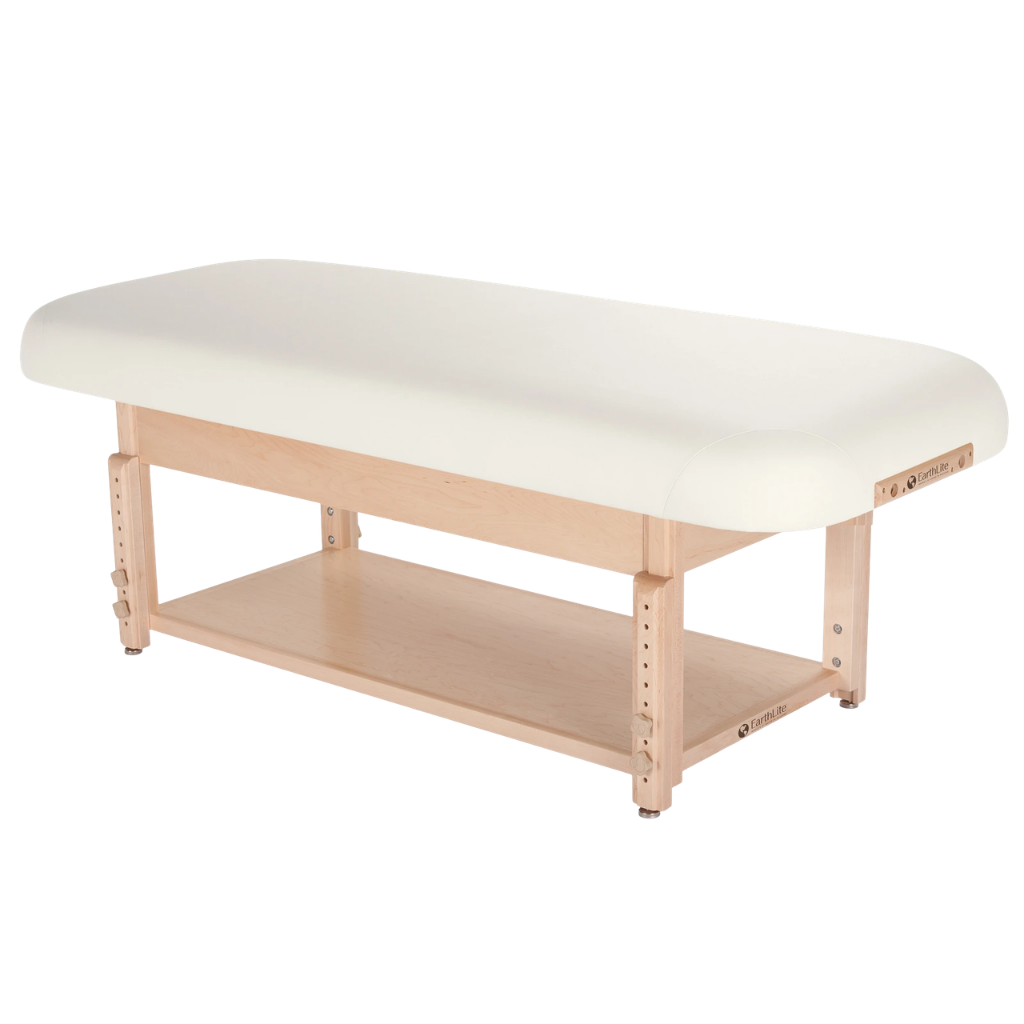 Earthlite Sedona Flat Top Spa & Massage Table with White upholstery and open shelf base for storage in med spa and medical wellness practices.