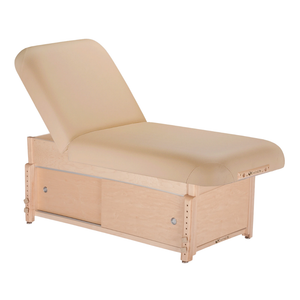 Earthlite Sedona Manual Tilt Massage Table with Marie's Beige upholstery and enclosed cabinet base for storage in med spa and medical wellness practices.