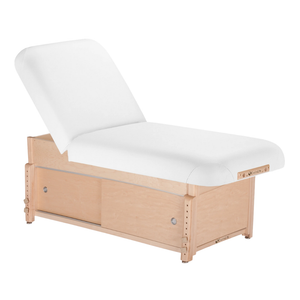 Earthlite Sedona Manual Tilt Massage Table with Pure White upholstery and enclosed cabinet base for storage in med spa and medical wellness practices.