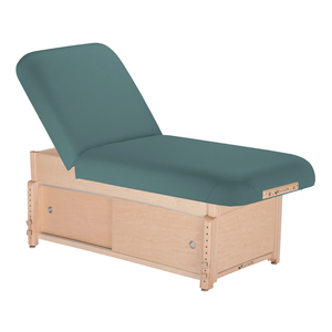 Earthlite Sedona Manual Tilt Massage Table with Teal upholstery and enclosed cabinet base for storage in med spa and medical wellness practices.