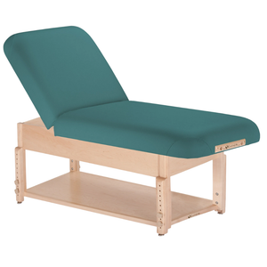 Earthlite Sedona Manual Tilt Massage Table with Teal upholstery and open shelf base for storage in med spa and medical wellness practices.
