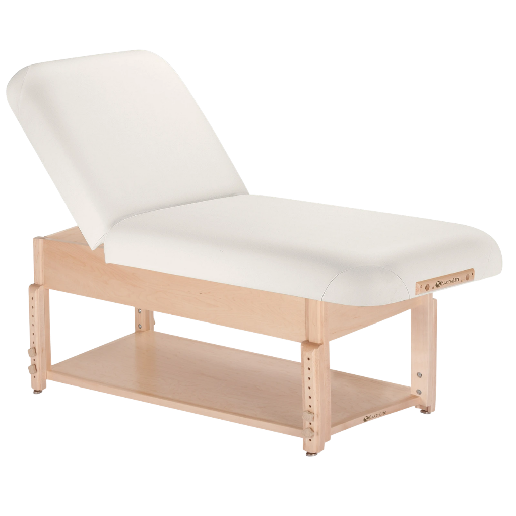 Earthlite Sedona Manual Tilt Massage Table with White upholstery and open shelf base for storage in med spa and medical wellness practices.