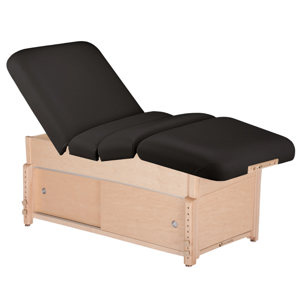 Earthlite Sedona Pneumatic Salon Massage Table with black upholstery and enclosed cabinet base for storage in med spa and medical wellness practices