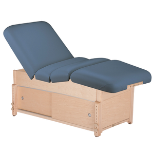 Earthlite Sedona Pneumatic Salon Massage Table with Mystic Blue upholstery and enclosed cabinet base for storage in med spa and medical wellness practices