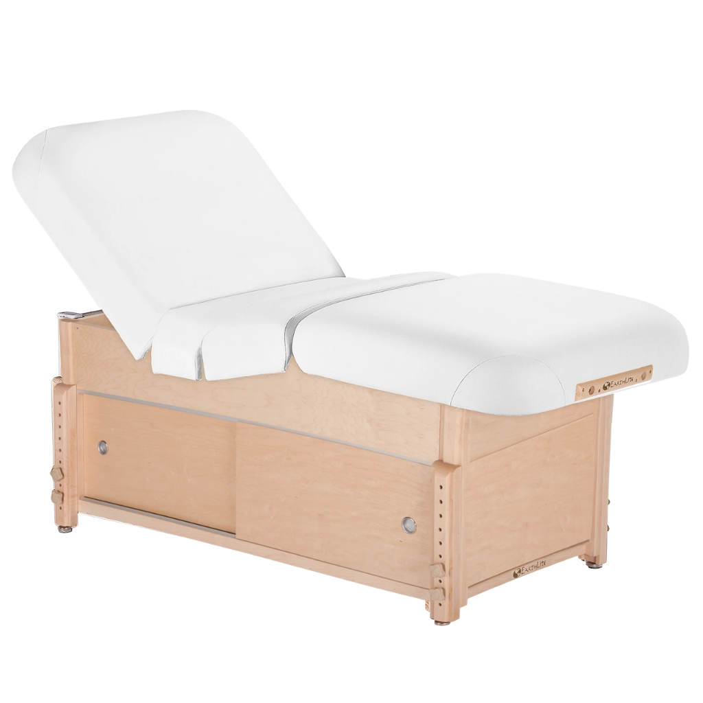 Earthlite Sedona Pneumatic Salon Massage Table with Pure White upholstery and enclosed cabinet base for storage in med spa and medical wellness practices
