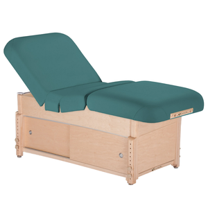 Earthlite Sedona Pneumatic Salon Massage Table with Teal upholstery and enclosed cabinet base for storage in med spa and medical wellness practices