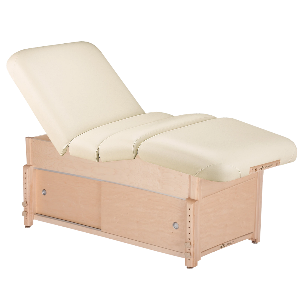 Earthlite Sedona Pneumatic Salon Massage Table with Vanilla Creme upholstery and enclosed cabinet base for storage in med spa and medical wellness practices