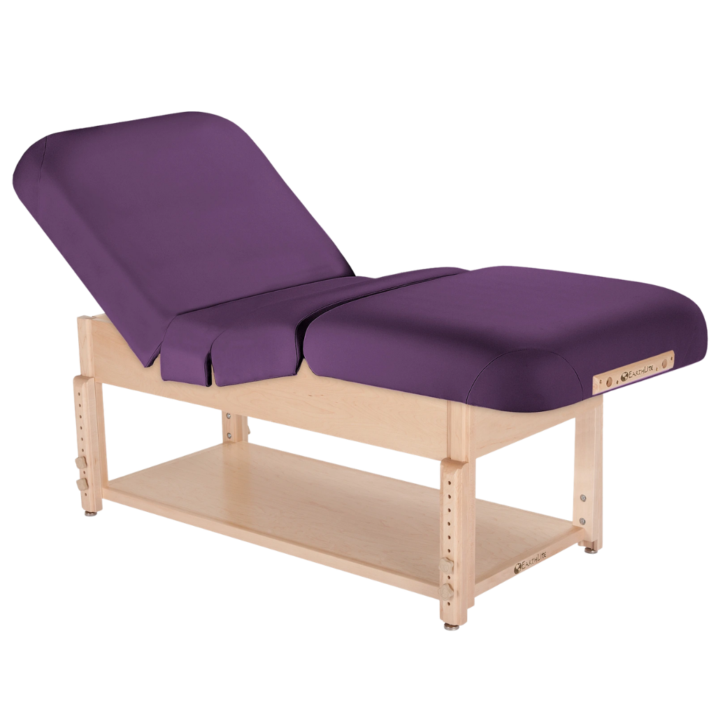 Earthlite Sedona Pneumatic Salon Massage Table with Amethyst upholstery and open shelf base for storage in med spa and medical wellness practices.