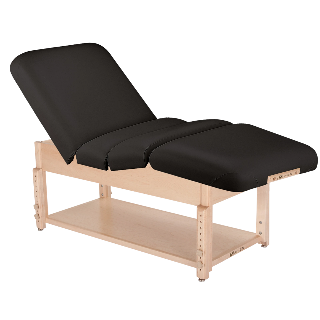 Earthlite Sedona Pneumatic Salon Massage Table with black upholstery and open shelf base for storage in med spa and medical wellness practices.