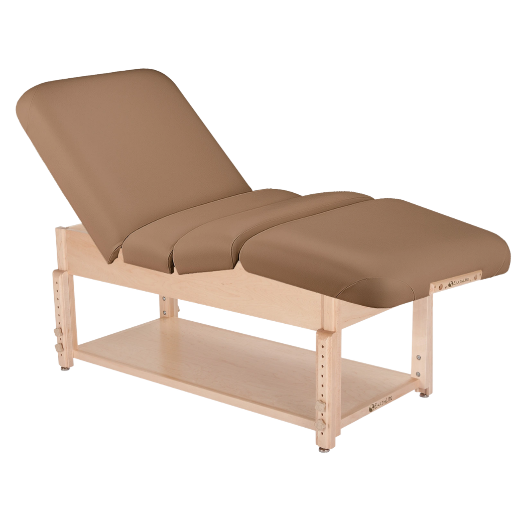 Earthlite Sedona Pneumatic Salon Massage Table with Latte upholstery and open shelf base for storage in med spa and medical wellness practices.