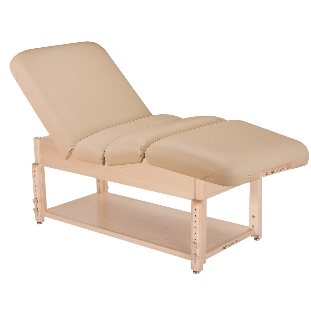 Earthlite Sedona Pneumatic Salon Massage Table with Marie's Beige upholstery and open shelf base for storage in med spa and medical wellness practices.