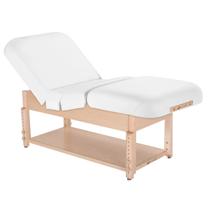 Earthlite Sedona Pneumatic Salon Massage Table with Pure White upholstery and open shelf base for storage in med spa and medical wellness practices.