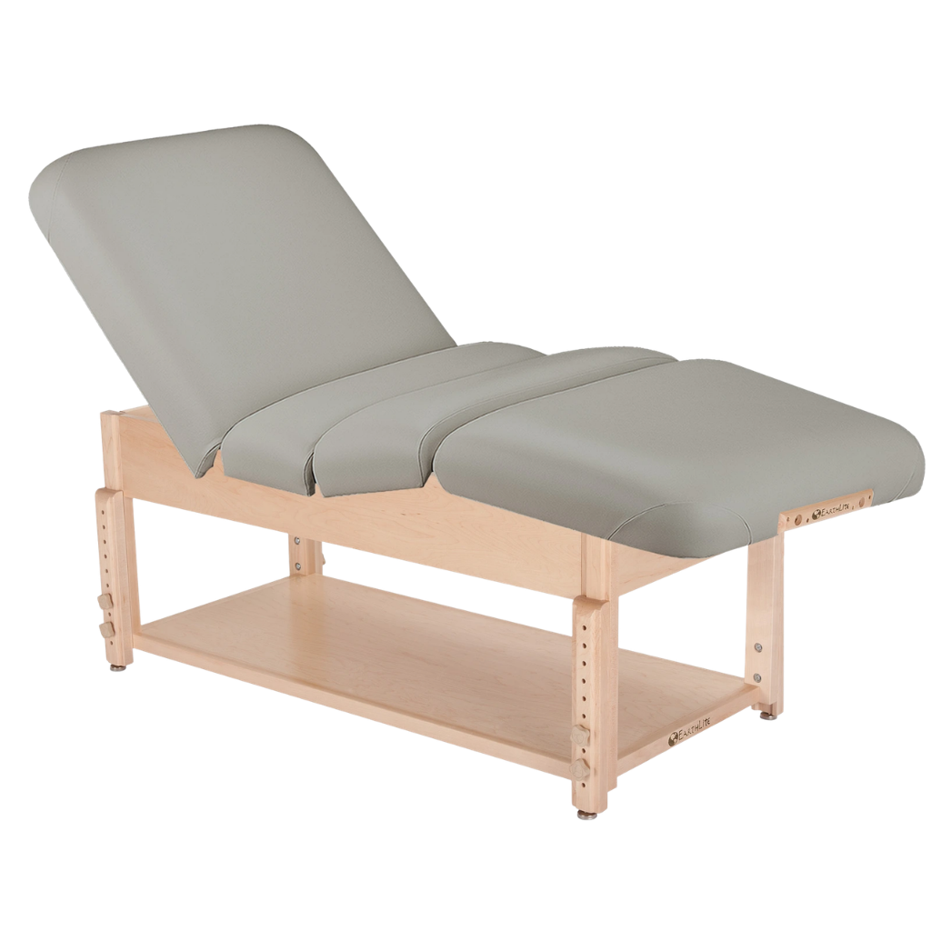 Earthlite Sedona Pneumatic Salon Massage Table with sterling upholstery and open shelf base for storage in med spa and medical wellness practices.
