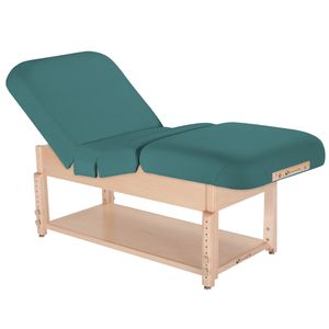 Earthlite Sedona Pneumatic Salon Massage Table with Teal upholstery and open shelf base for storage in med spa and medical wellness practices.