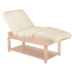 Earthlite Sedona Pneumatic Salon Massage Table with Vanilla Creme upholstery and open shelf base for storage in med spa and medical wellness practices.