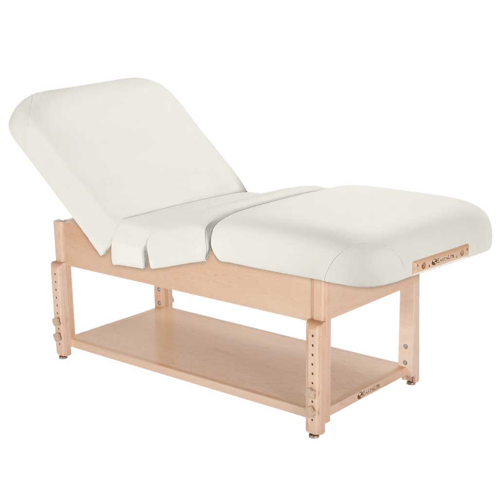 Earthlite Sedona Pneumatic Salon Massage Table with White upholstery and open shelf base for storage in med spa and medical wellness practices.
