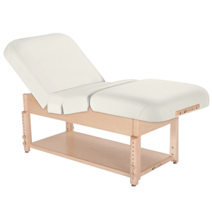 Earthlite Sedona Pneumatic Salon Massage Table with White upholstery and open shelf base for storage in med spa and medical wellness practices.