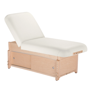 Earthlite Sedona Pneumatic Tilt Massage Table with White upholstery and cabinet base for storage in medical wellness and med spa practices.