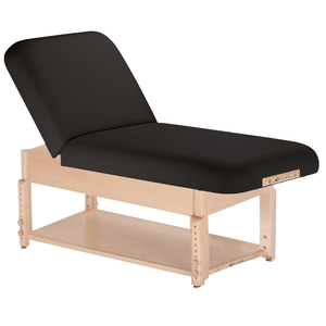 Earthlite Sedona Pneumatic Tilt Massage Table with black upholstery and open shelf base for storage in medical wellness and med spa practices.