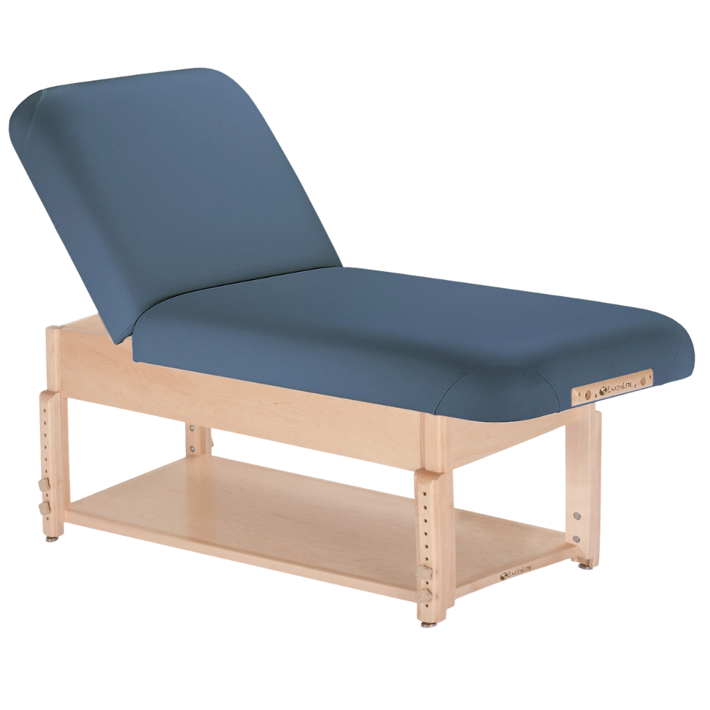 Earthlite Sedona Pneumatic Tilt Massage Table with Mystic Blue upholstery and open shelf base for storage in medical wellness and med spa practices.
