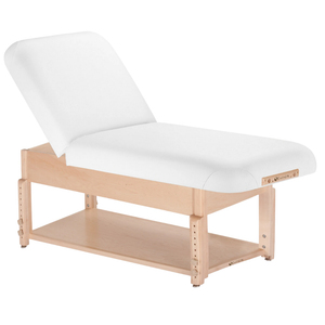 Earthlite Sedona Pneumatic Tilt Massage Table with White upholstery and open shelf base for storage in medical wellness and med spa practices.