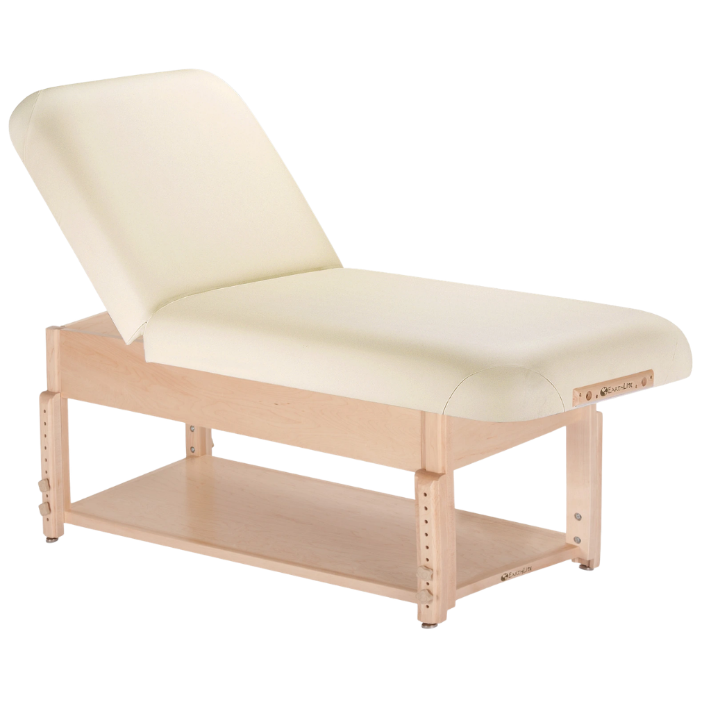 Earthlite Sedona Pneumatic Tilt Massage Table with Vanilla Creme upholstery and open shelf base for storage in medical wellness and med spa practices.