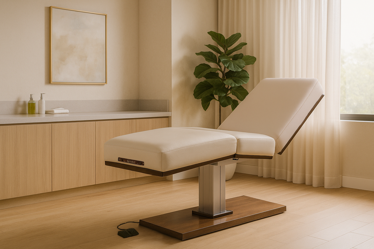 Beige LEC Pedestal examination table in a medical wellness setting with a plant and window in the background.
