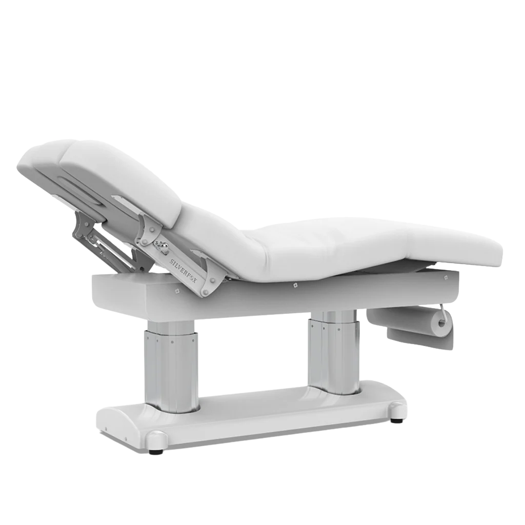 Silverfox Zen Electric Spa Wellness Table with four motors, adjustable headrest and armrests, tilt function, and breathing hole for versatile spa and medical use.