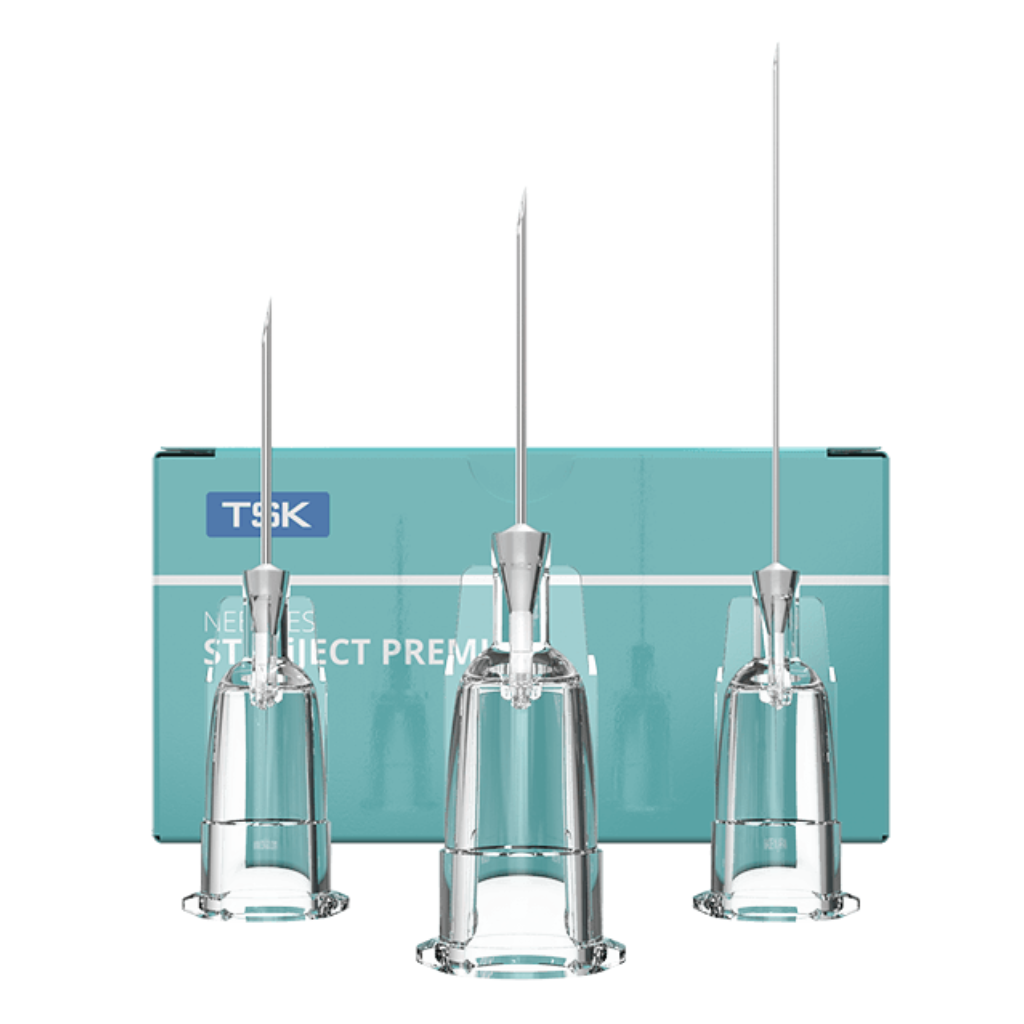 TSK STERiJECT Hypodermic Needles. Three needles of different sizes in front of box.