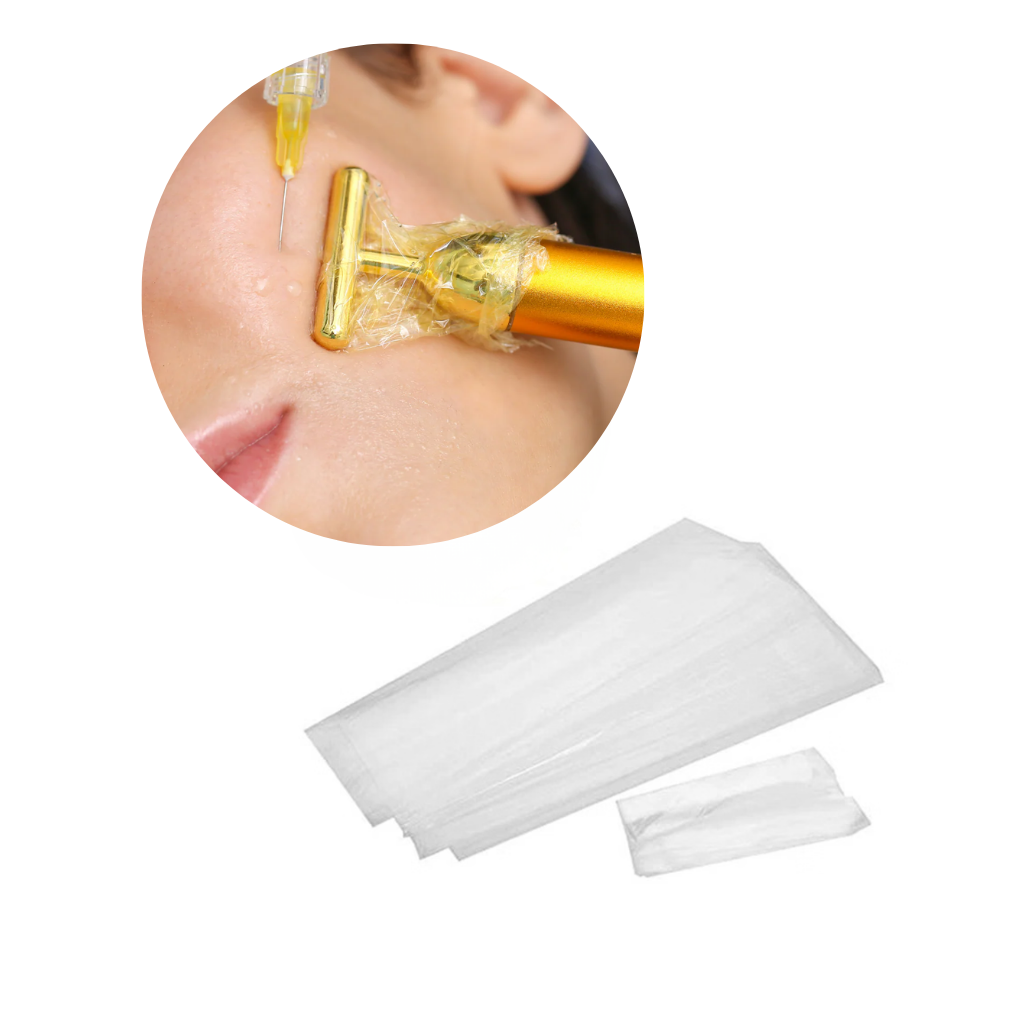Shheth cover for gold vibration tool with a close-up of use on skin during Botox injection