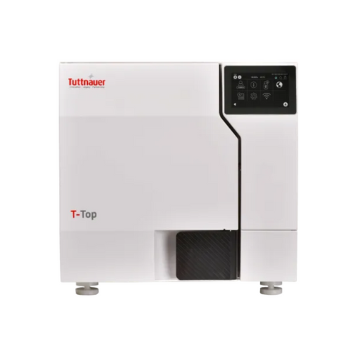 Tuttnauer T-Top Autoclave Sterilizer Series is a countertop autoclave sterilizer with color touchscreen, fast 21-minute cycles, dual clean and used water reservoirs, and compact design for high-volume Med Spa instrument sterilization.