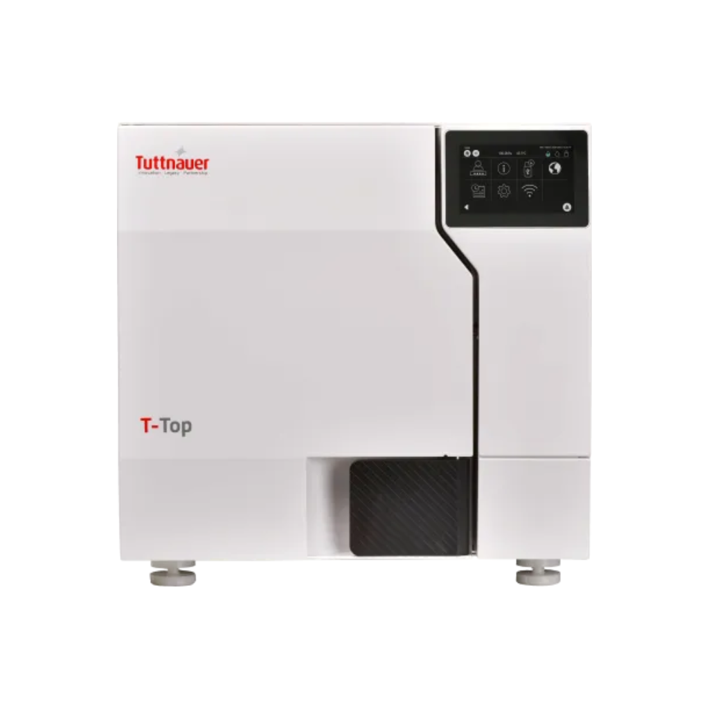 Tuttnauer T-Top Autoclave Sterilizer Series is a countertop autoclave sterilizer with color touchscreen, fast 21-minute cycles, dual clean and used water reservoirs, and compact design for high-volume Med Spa instrument sterilization.