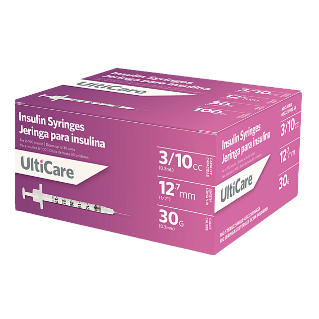 Ulticare 0.3mL U-100 insulin syringe with low dead space needle, 30 gauge 1/2 inch.