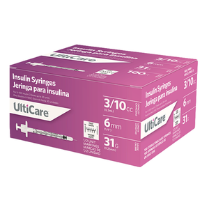 Ulticare 0.3mL U-100 insulin syringe with low dead space needle, 31 gauge 1/4 inch.