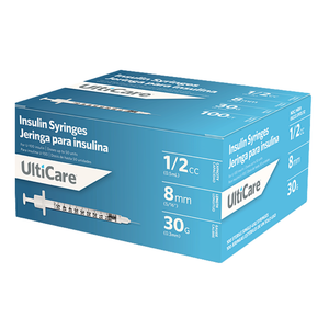 Ulticare 0.5mL U-100 insulin syringe with low dead space needle, 30 gauge 5/16 inch.