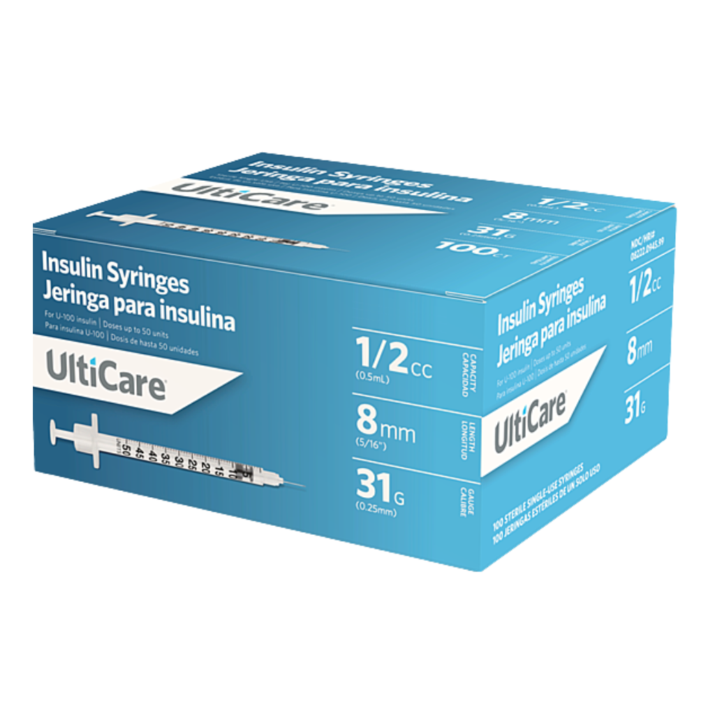 Ulticare 0.5mL U-100 insulin syringe with low dead space needle, 31 gauge 5/16 inch.