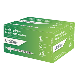 Ulticare 1mL U-100 insulin syringe with low dead space needle, 30 gauge 5/16 inch.
