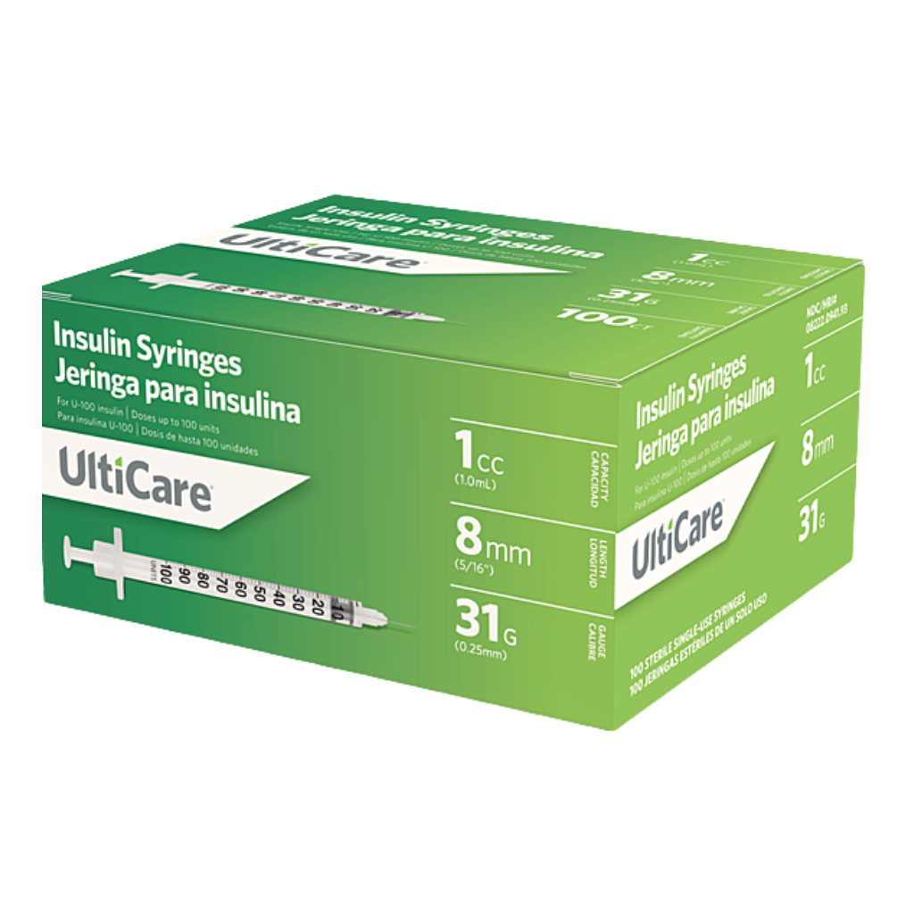 Ulticare 1mL U-100 insulin syringe with low dead space needle, 31 gauge 5/16 inch.