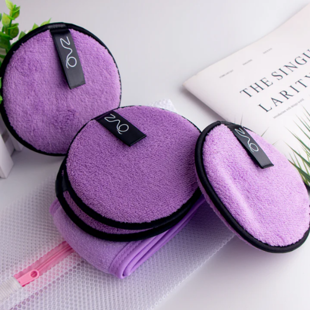 ZAQ Reusable Makeup Remover Pads 4 pack with Spa facial Headband - Purple
